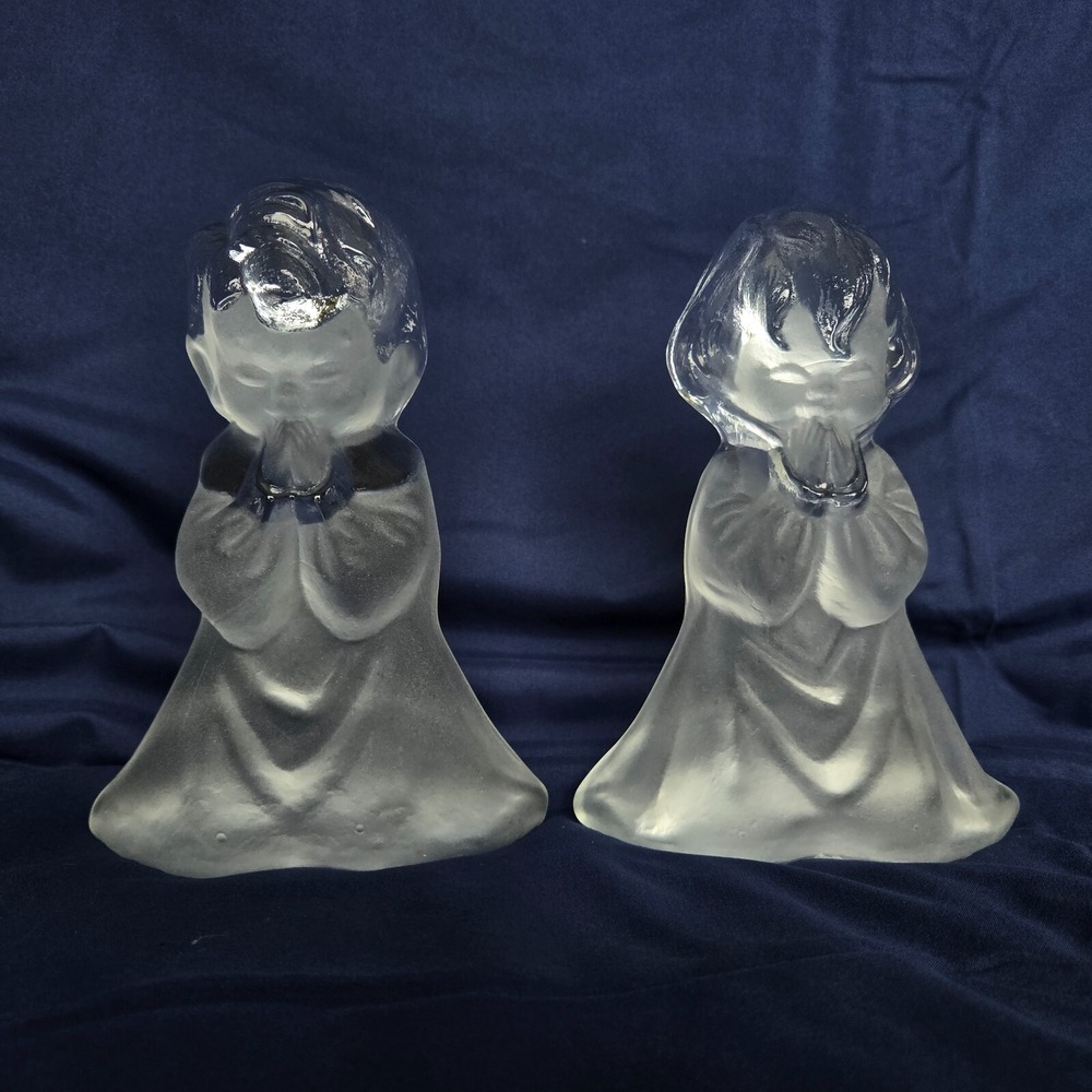 Beautiful! Vtg Clear Glass Bookends Boy‎ Girl Praying Children VIKING Glass 7.5"